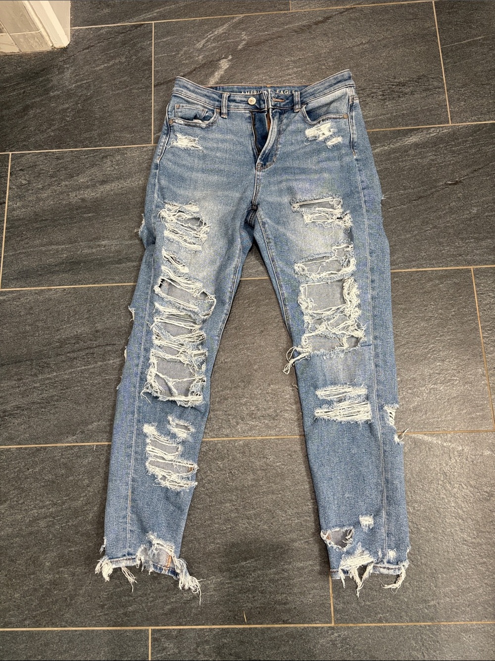 American Eagle Outfitters Distressed Light Blue High-Rise MOM Jeans